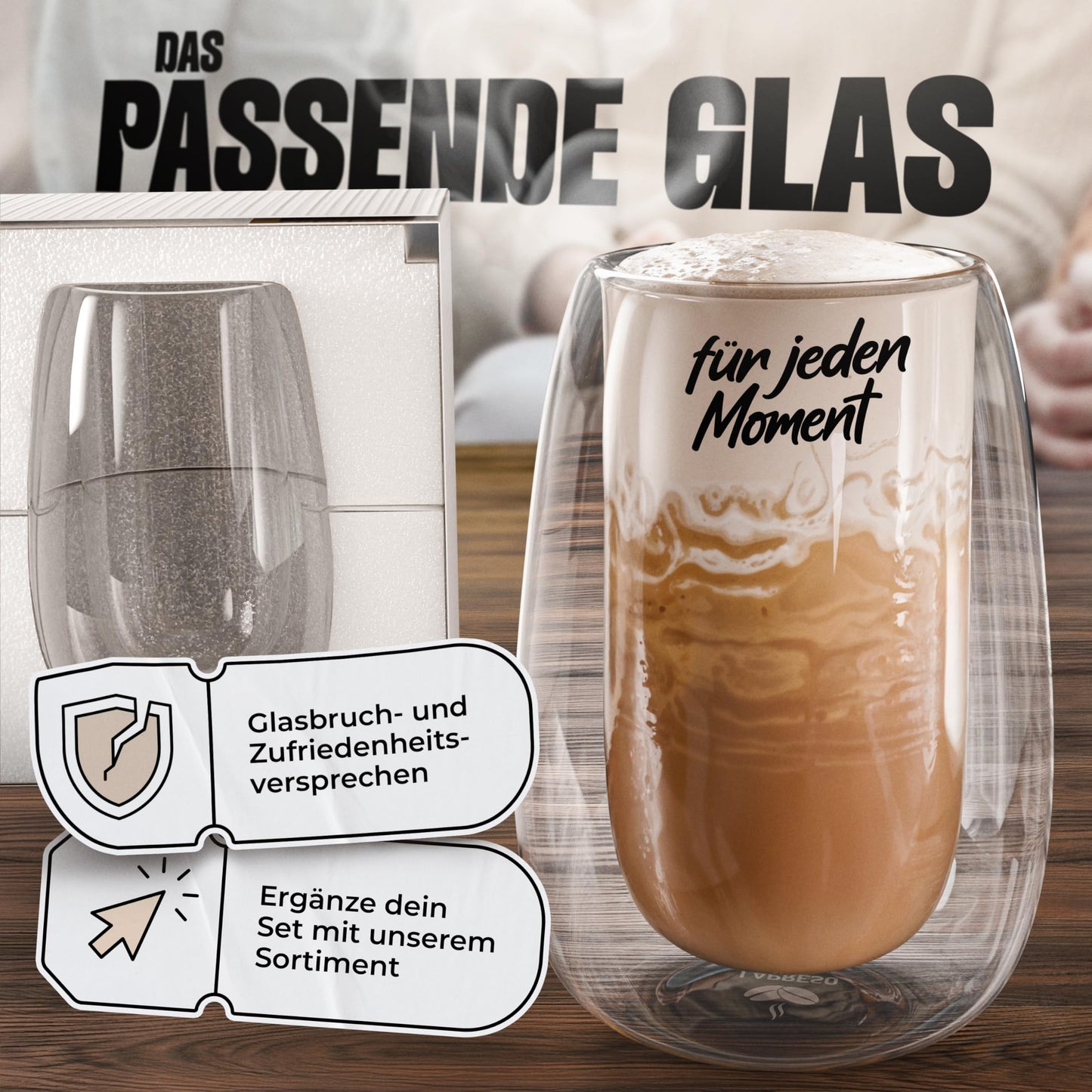 LAPRESO® Latte Macchiato Gläser doppelwandig 6er Set 350ml - Doppelwandige Gläser modernes Design Cappuccino Tassen Teegläser aus Borosilikatglas