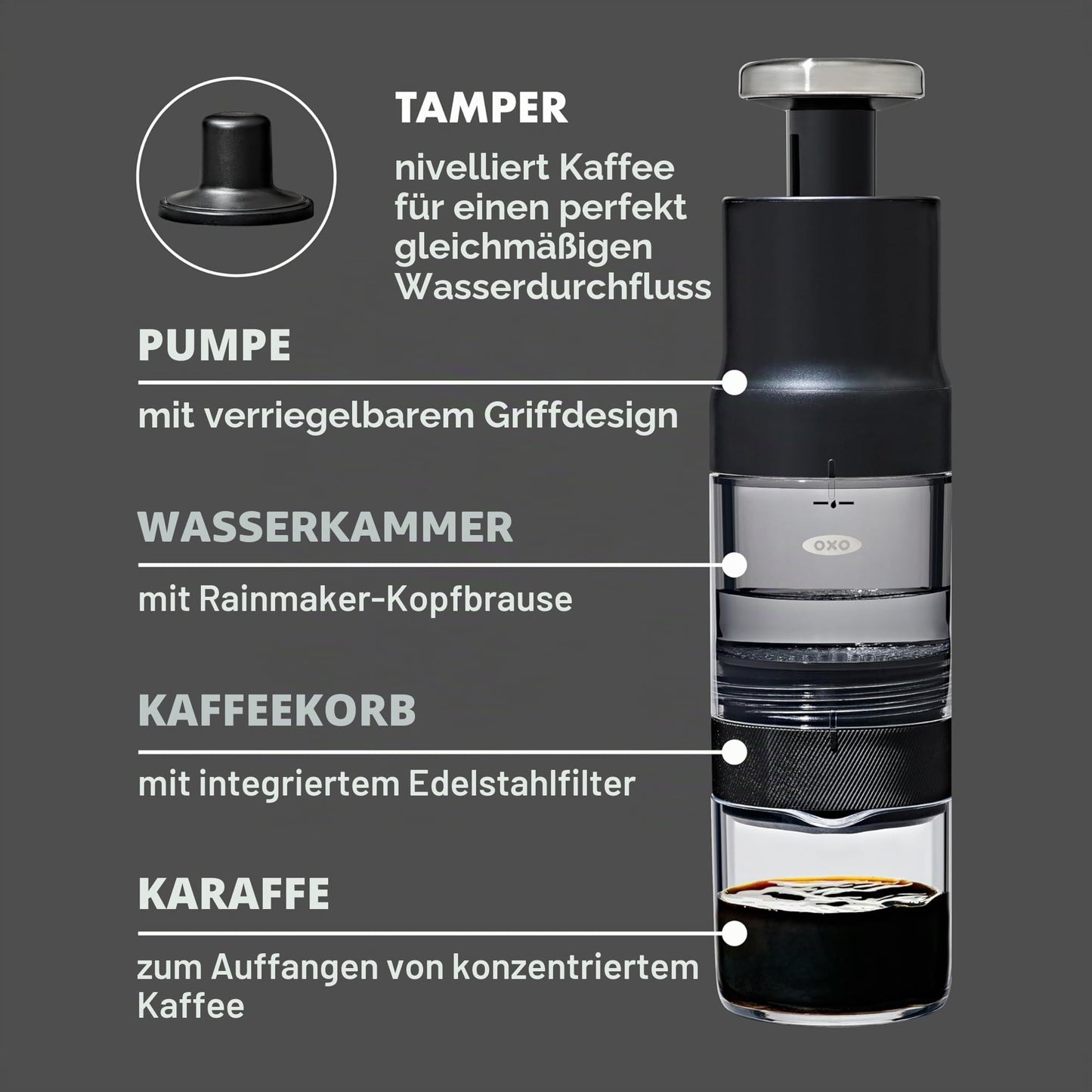 OXO Brew Rapid Brewer – Tragbare manuelle Kaffeemaschine, integrierter Edelstahlfilter, einstellbare Stärke, kompakt und leicht, keine Pads oder Papierfilter erforderlich