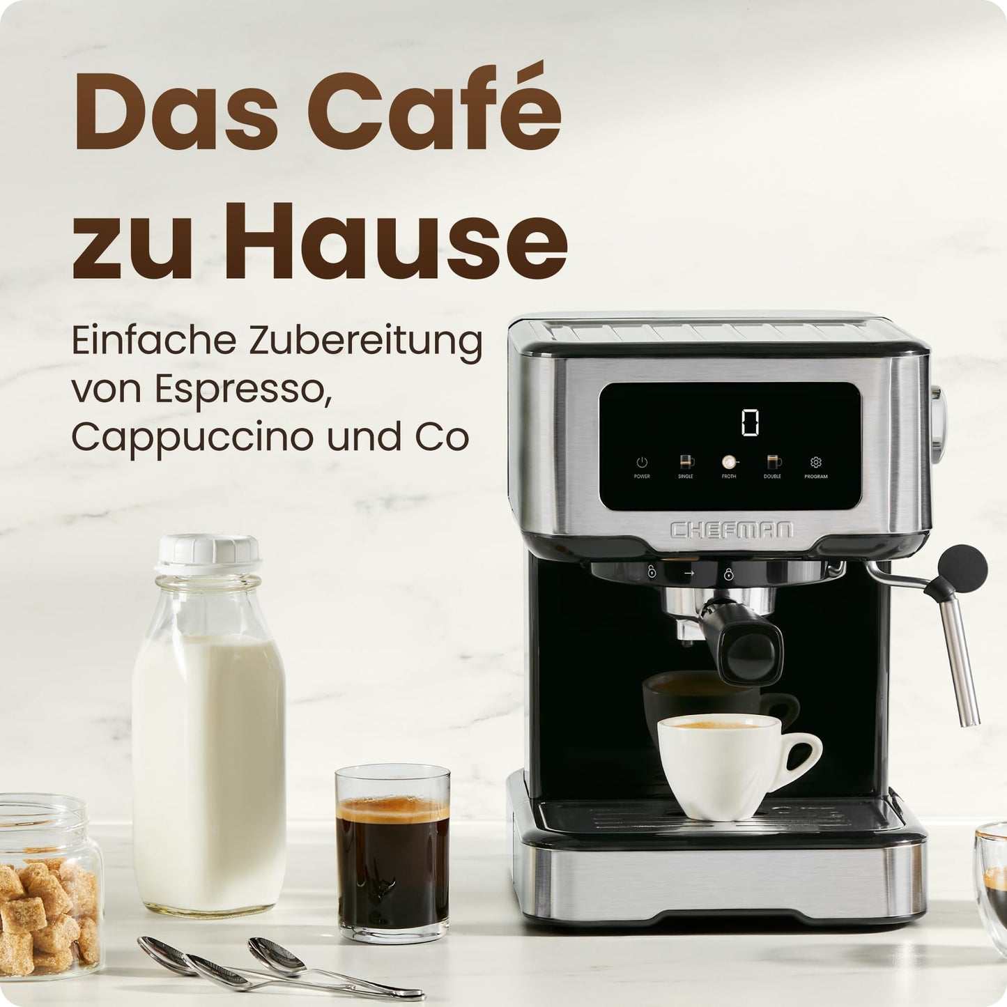 Chefman CraftBrew 15-Bar-Siebträgermaschine, 1,5L-Wassertank, Dampfstab
