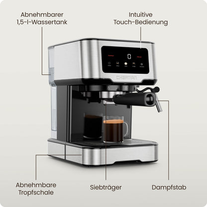 Chefman CraftBrew 15-Bar-Siebträgermaschine, 1,5L-Wassertank, Dampfstab
