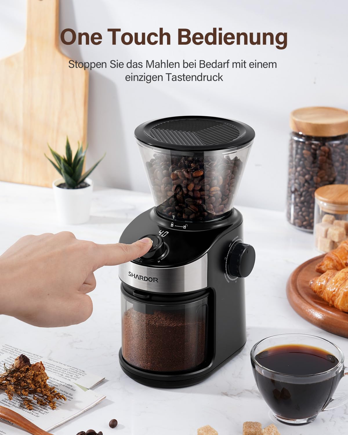 SHARDOR Kaffeemühle, Kaffeemühle Elektrisch mit 25 Mahleinstellungen, Coffee Grinder mit präziser Digitalanzeige, Scheibenmahlwerk Für Espresso, Tropfkaffee und French Press, 200W, 200g Bohnenbehälter