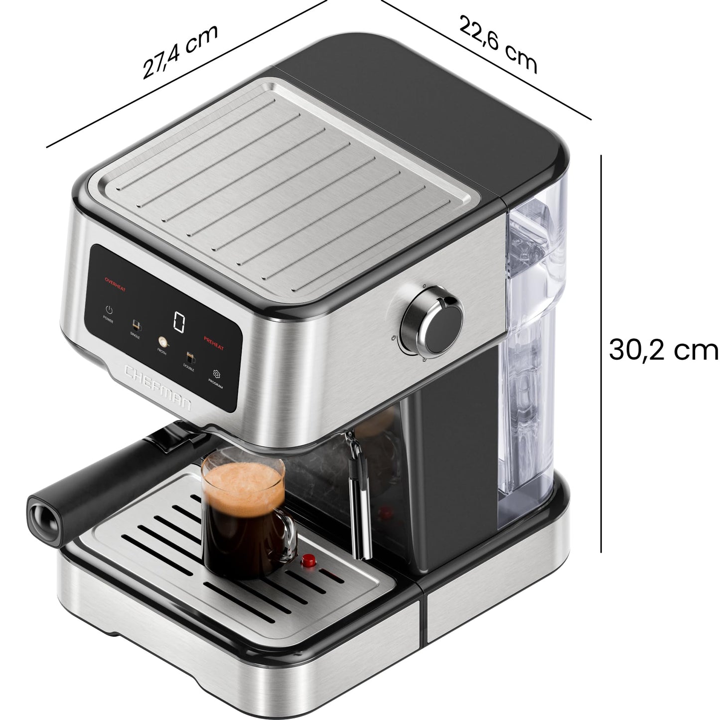 Chefman CraftBrew 15-Bar-Siebträgermaschine, 1,5L-Wassertank, Dampfstab