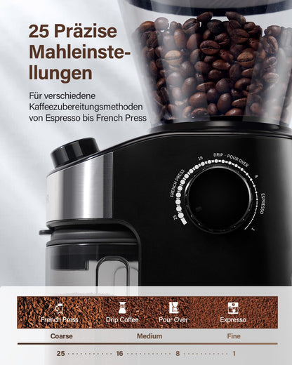 SHARDOR Kaffeemühle, Kaffeemühle Elektrisch mit 25 Mahleinstellungen, Coffee Grinder mit präziser Digitalanzeige, Scheibenmahlwerk Für Espresso, Tropfkaffee und French Press, 200W, 200g Bohnenbehälter