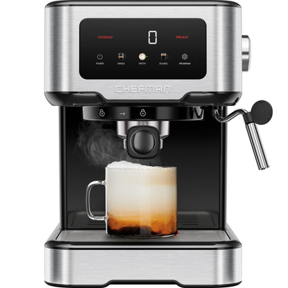 Chefman CraftBrew 15-Bar-Siebträgermaschine, 1,5L-Wassertank, Dampfstab