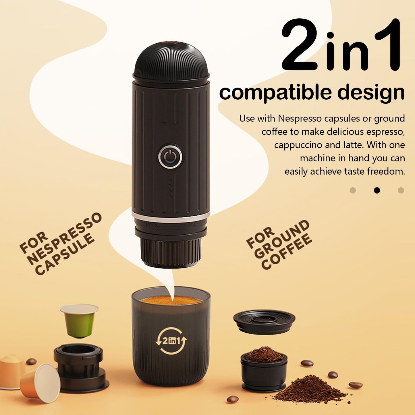 Aisny Espressomaschine, Tragbare Elektrische Expresso Machine 12V 100W Kaffeemaschine Kaffeevollautomat Klein Reisekaffeemaschine kompatibel mit NS-Kapseln und Gemahlenem Kaffee für Reisen