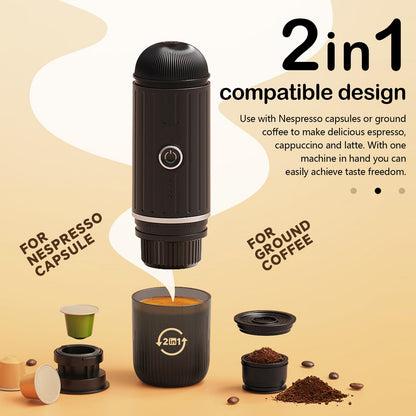 Aisny Espressomaschine, Tragbare Elektrische Expresso Machine 12V 100W Kaffeemaschine Kaffeevollautomat Klein Reisekaffeemaschine kompatibel mit NS-Kapseln und Gemahlenem Kaffee für Reisen
