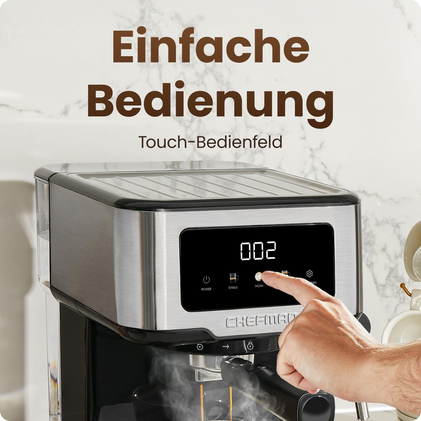 Chefman CraftBrew 15-Bar-Siebträgermaschine, 1,5L-Wassertank, Dampfstab