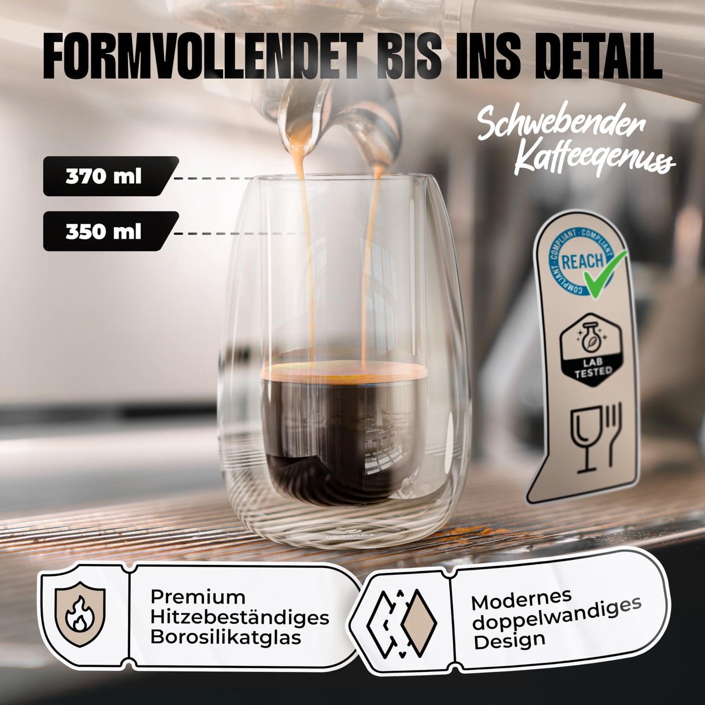 LAPRESO® Latte Macchiato Gläser doppelwandig 6er Set 350ml - Doppelwandige Gläser modernes Design Cappuccino Tassen Teegläser aus Borosilikatglas