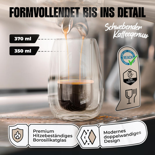 LAPRESO® Latte Macchiato Gläser doppelwandig 6er Set 350ml - Doppelwandige Gläser modernes Design Cappuccino Tassen Teegläser aus Borosilikatglas