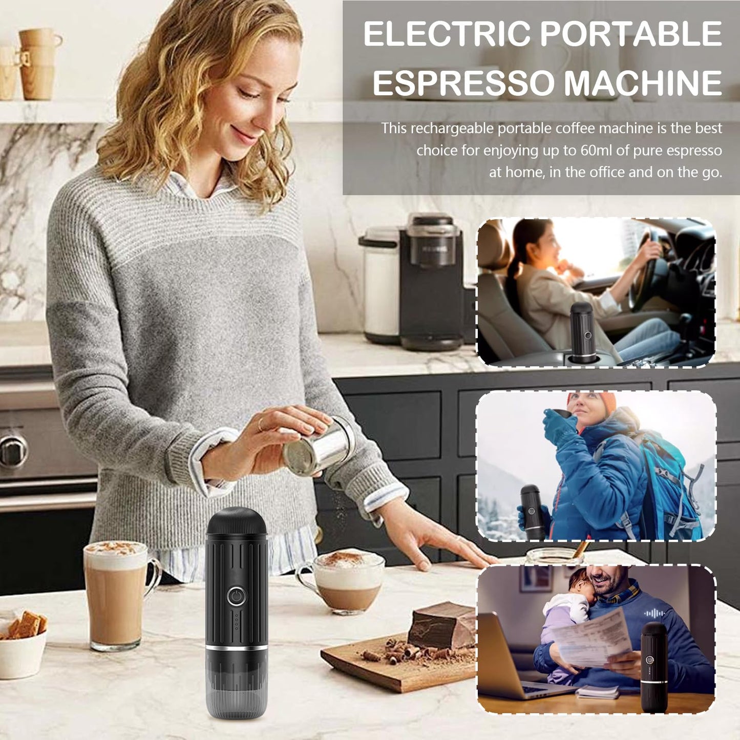 Aisny Espressomaschine, Tragbare Elektrische Expresso Machine 12V 100W Kaffeemaschine Kaffeevollautomat Klein Reisekaffeemaschine kompatibel mit NS-Kapseln und Gemahlenem Kaffee für Reisen