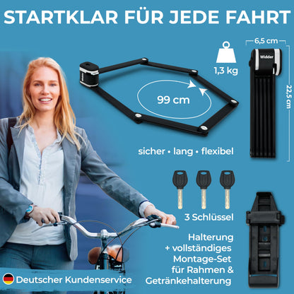 Widder Extrem sicheres Faltschloss Fahrrad [Titan-Stahl Level 15] - Fahrradschloss hohe Sicherheit 99cm lang mit Schlüssel [3x] & Halterung - Gliederschloss als E Bike Lock Scooter Schloss & Fahrrad